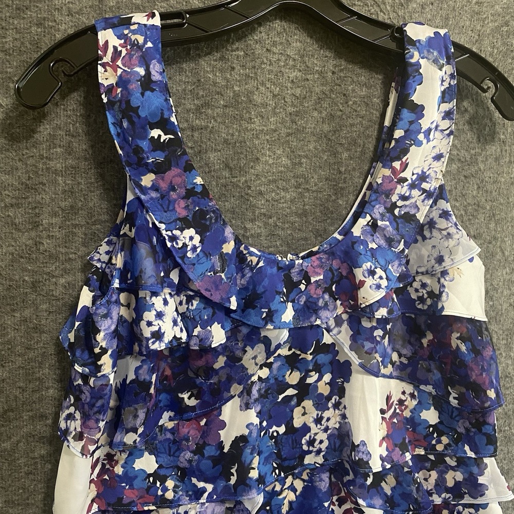 White House Black Market Top Women L Blue Floral Tiered Ruffle Sleeveless Blouse - Picture 2 of 10